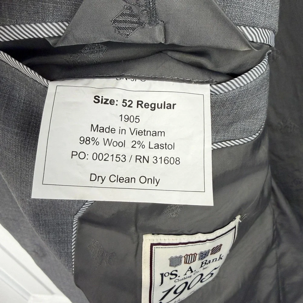 JOS A BANK 1905 52R Tailored Fit Plaid Grey‎ Wool Blend Jacket Blazer Sport Coat